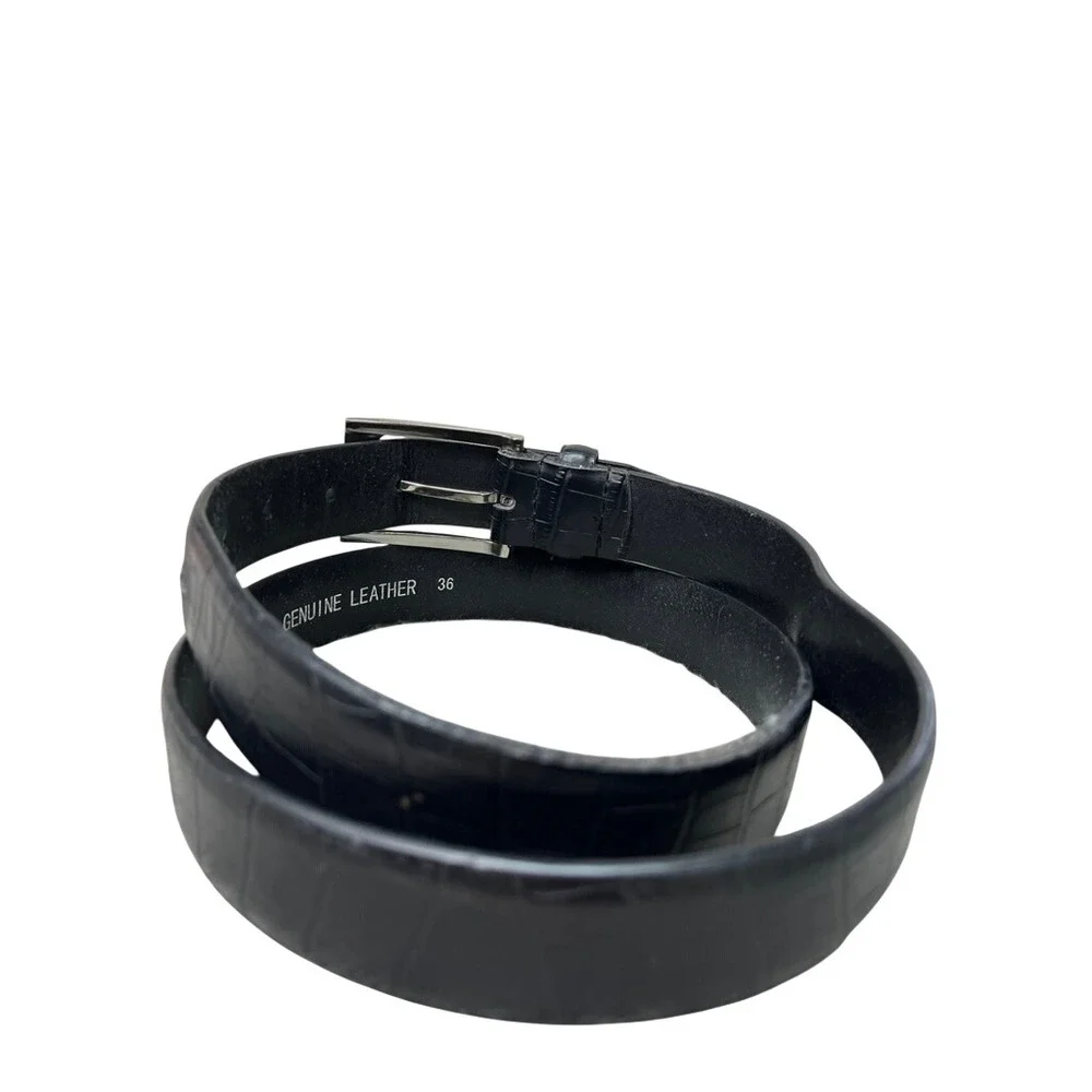 Mens Black Crocodile Embossed Genuine Leather Belt Silver Buckle Size 36 A3012